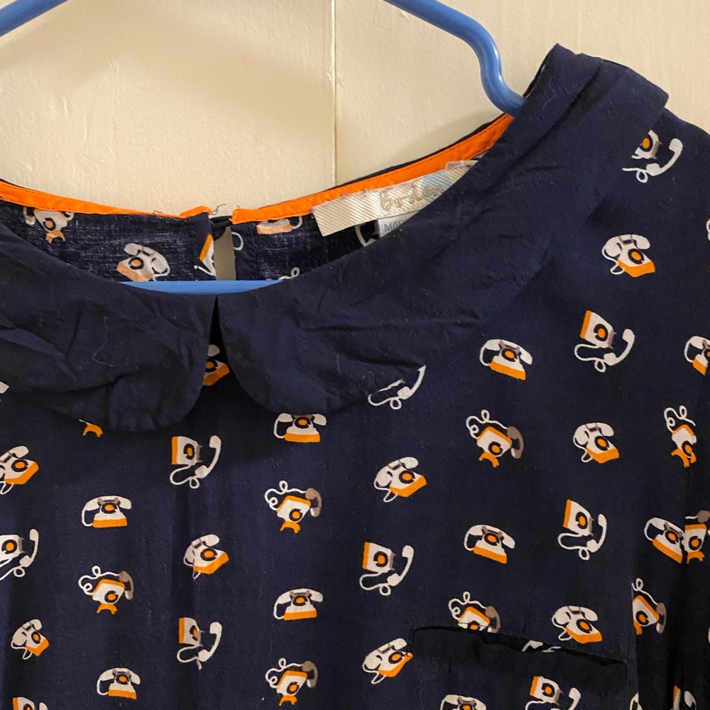 Telephone print blouse with Peter Pan collar